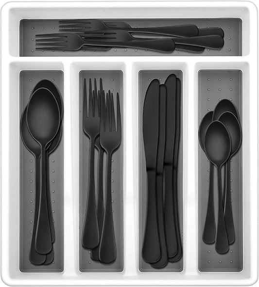 Herogo 30-Piece Matte Black Silverware Set with Drawer Organizer, Stainless Steel Flatware Cutlery Set for 6, Modern Tableware Eating Utensils with Tray, Dishwasher Safe, Satin Finish