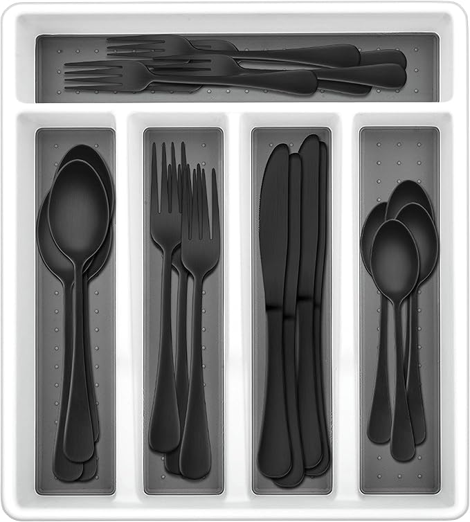 Herogo 40-Piece Matte Black Silverware Set with Drawer Organizer, Stainless Steel Flatware Cutlery Set for 8, Modern Tableware Eating Utensils with Tray, Dishwasher Safe, Satin Finish
