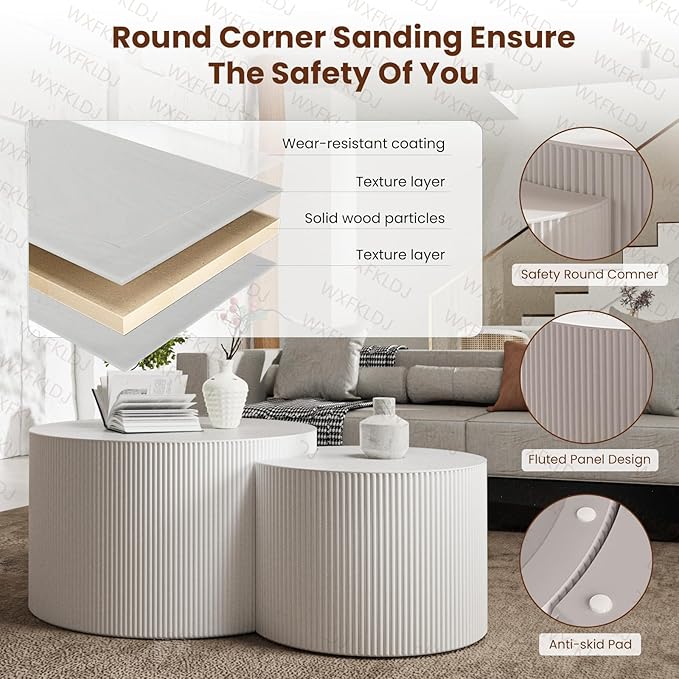 Nesting Coffee Table Set of 2 Modern Round Coffee Table with Non-Slip Feet Wood Drum Circle Accent Tables End Table Set for Living Room Bedroom Office (White Crescent Set)