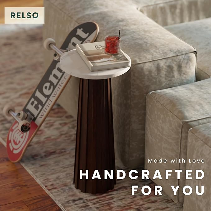 Relso Ma'gro Drink Table – Solid Mango Wood Fluted Base with Real White Marble Top | Farmhouse Accent Side Table for Boho Decor, Bedside, Entryway, Plant Stand, Night Stand & Small Living Spaces