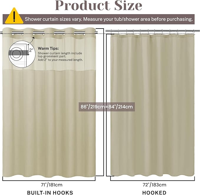 No Hook Slub Textured Shower Curtain with Snap in Liner - Linen Fabric Outer Curtain & Waterproof Inner Liner, Hotel Style with See Through Top Window, 71x86 in