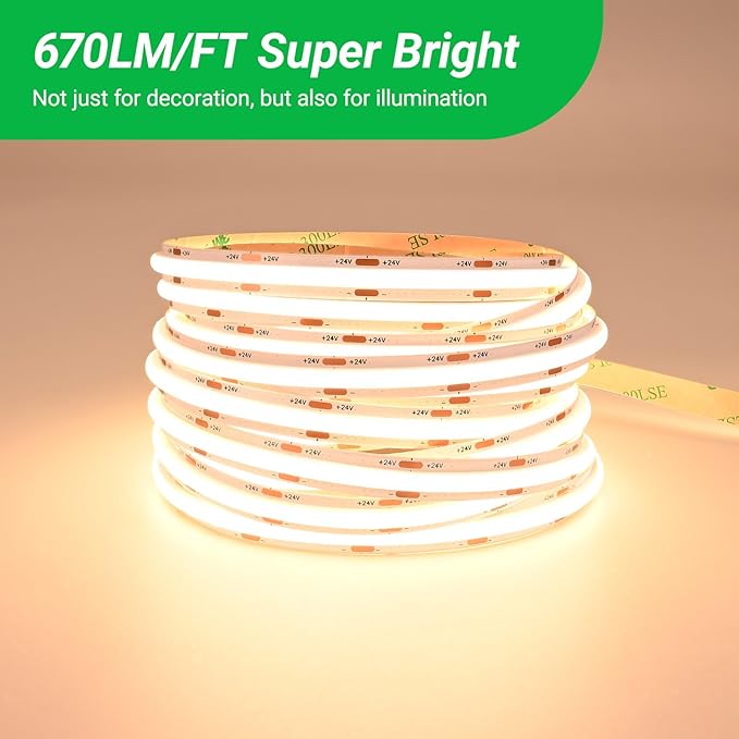 JOYLIT 24V COB LED Strip Lights 16.4FT/5M 288LEDs/M 3000K Warm White, UL Premium 6W/FT 10500LM Super Bright Dimmable LED Tape CRI 92, 120 Degree Beam Angle Light Strip Without Dots (No Power Supply)