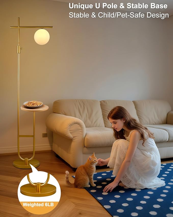 Lightdot 66IN Gold Dimmable Floor Lamps with Storage Table, Modern Standing Tall Lamp with Milky White Globe Lampshade, Cross-Shaped Lamp Head and U-Pole Base Style for Living Room/Bedroom/Office