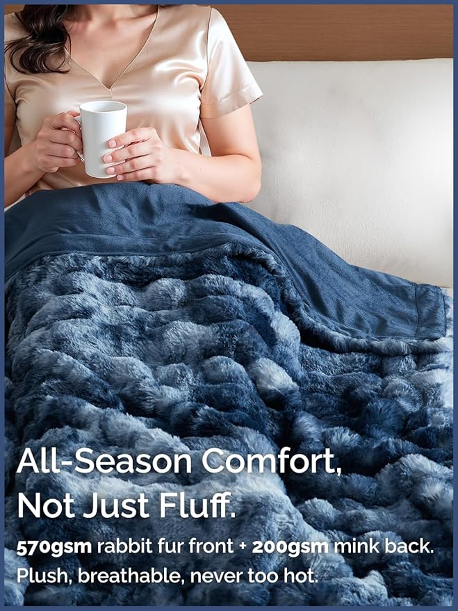 Fluffy Blanket Throw Size - Faux Fur Throw for Couch or Bed - Plush Soft Extra Thick Faux Fur Rabbit Blanket - Comfy, Fuzzy, Warm & Breathable - Luxury Minky Tie Dye Bedding - 50" x 60", Marble Blue