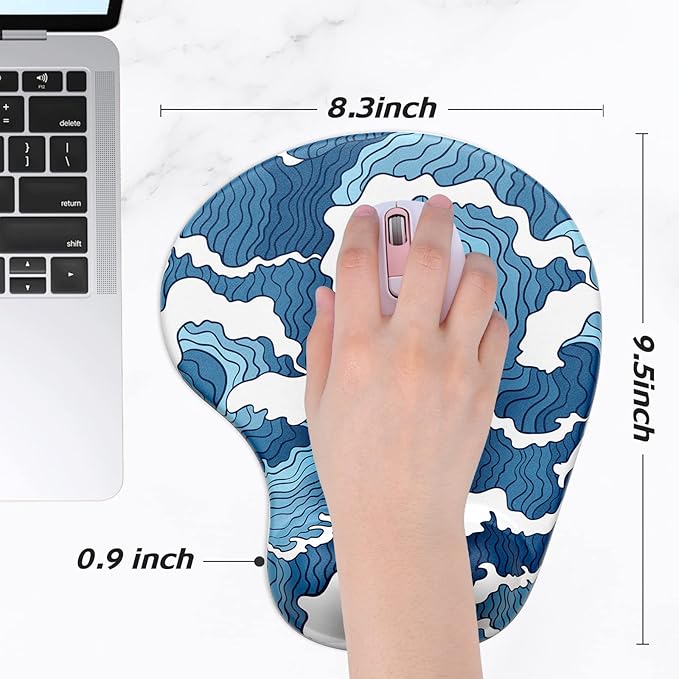 Hsurbtra Ergonomic Mouse Pad with Wrist Rest Support, Gel Mouse Pads with Non-Slip PU Base, Pain Relief Memory Foam Computer Mat, Cute Office Supplies Desk Decro Accessories, Blue Ocean