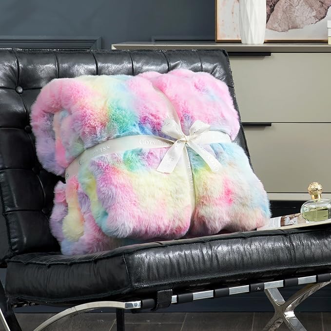 Cozy Bliss Faux Fur Throw Blanket for Couch, Bubble Plush Blanket King Size, Fuzzy Soft & Thick Blanket for Bed Sofa Living Room, 108x90 Inches Tie-dye Rainbow