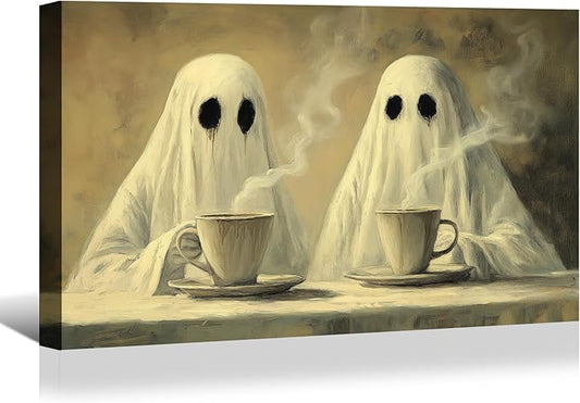 BANHUA1 Vintage Halloween Canvas Wall Art, Two Ghosts Drinking Coffee Picture Print, Dark Academia Wall Decor for Home, Living Room, Bedroom, 32 x 24 Inch