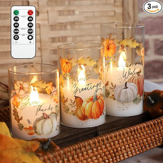 Glass Flameless Candles Flickering Battery Operated with Remote Pumpkin Theme Farm House Realistic Pillar Candle for Fall Decor Havest Celebration Home Party, Set of 3