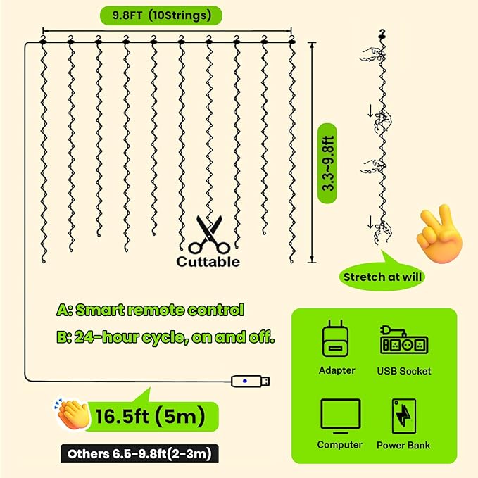 HXWEIYE 300LED Fairy Curtain Lights, 9.8x9.8Ft Green USB Plug in 8 Modes Timer Christmas String Hanging Lights with Remote for Bedroom Backdrop Wedding Party Home Wall Garden Outdoor Indoor Decor