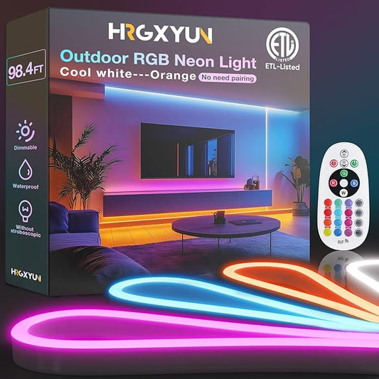 98.4ft RGB Led Neon Rope Light, IP65 Waterproof Led Neon Strip with Brightness Adjustment,Multicolor Change Flexible Neon Rope Lights for Supermarket,High Building, Celebration,ETL Listed,110v