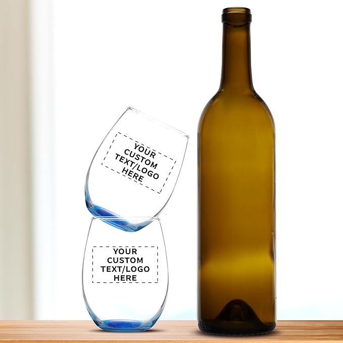 Custom Stemless Wine Glass 9 oz. Set of 100, Personalized Bulk Pack - Great for Wedding Favors, Bachelorette Party Decorations, Party Favors, Color Bottom - Blue