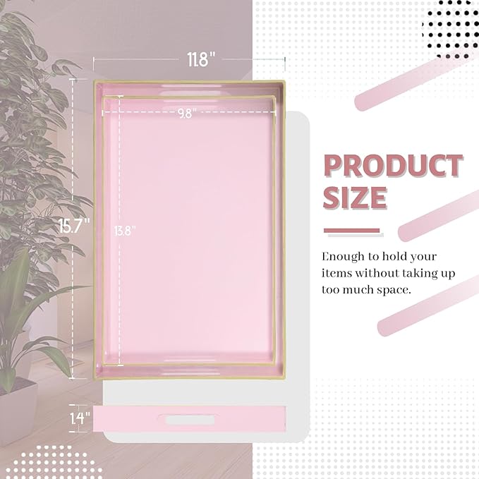 MAONAME Pink Serving Tray Set of 2, Plastic Decorative Trays with Handles, Rectangular Coffee Table Tray for Ottoman, Nesting Trays for Living Room, Bedroom