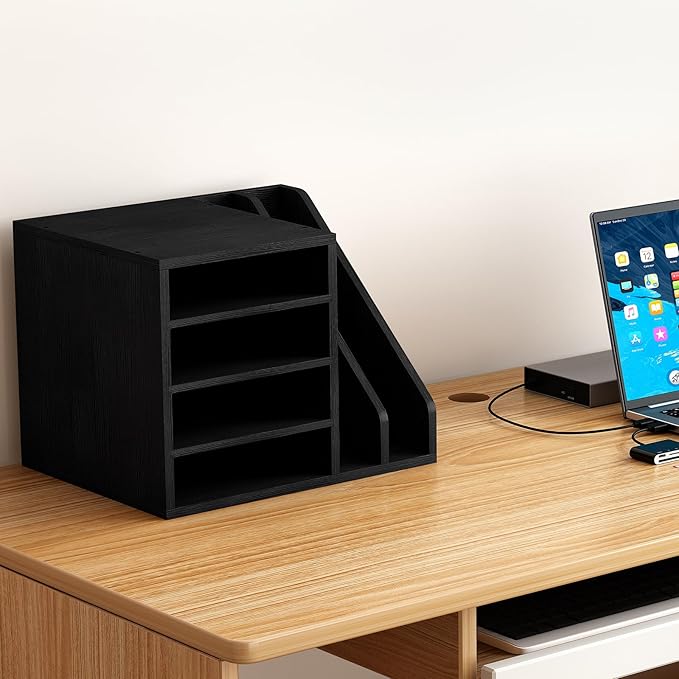Wood Desk Organizer File Holder, Wooden Mail Organizer Countertop with Adjustable Compartments, Desktop File Organizer Paper Sorter for Home, Office and School, Envelope Organizer, Black