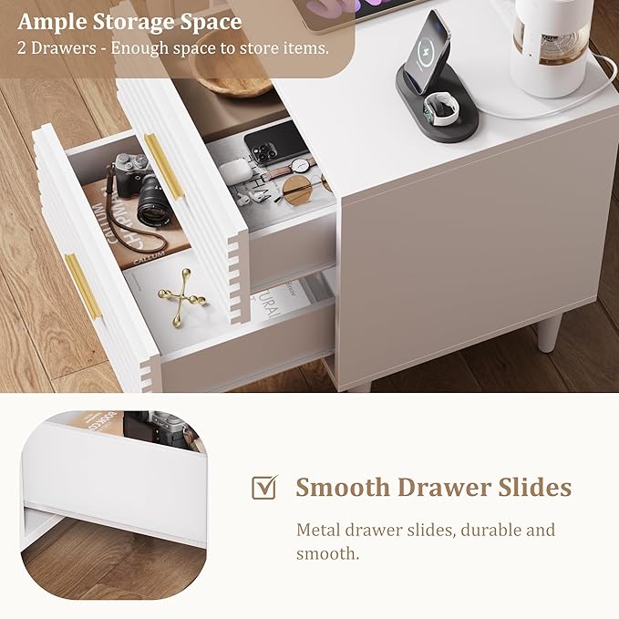 Alohappy Night Stand with Charging Station, Bedside Table with 2 Drawers, Mid Century Modern End Table, Bed Side Table with USB Ports and Outlets, Nightstand for Bedroom, White 1pc