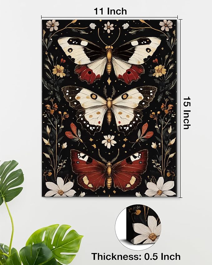 Aesthetic Moths Wall Art Decor Gothic Dark Academia Moth Canvas Print Poster Botanical Framed Painting Wall Decorations for Home Farmhouse Living Room Bedroom Decor 11x15 Inch