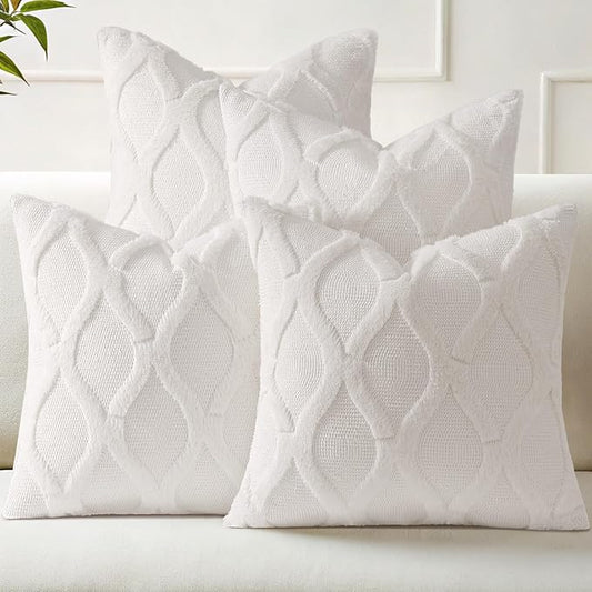 decorUhome Set of 4 Cream White Throw Pillow Covers 20x20 Inch, Neutral Decorative Soft Plush Faux Wool Couch Pillow Covers, Farmhouse Pillow Cases for Living Room Bed Sofa