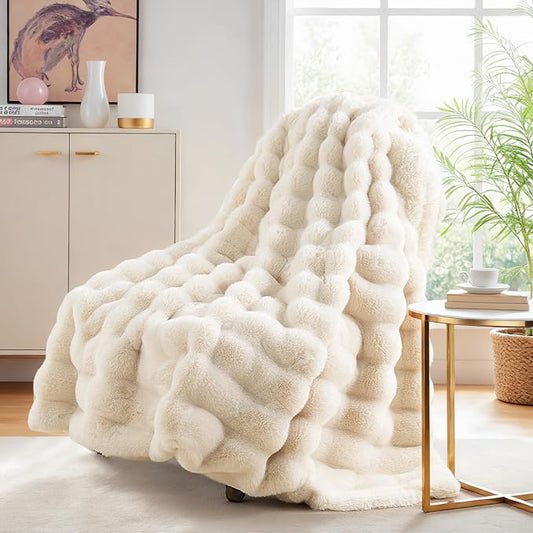 NEXHOME PRO Faux Fur Twin Blanket, Ultra Soft Cozy Warm Fuzzy Fluffy Plush Reversible Blanket for Couch, Sofa, Bed, Home Decor Gift, Beige 6080