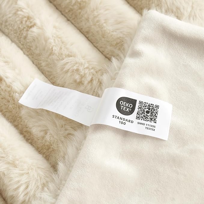 Cozy Bliss Faux Fur Throw Blanket for Couch, Cozy Warm Plush Striped Blanket for Sofa Bedroom Living Room, 60 * 80 Inches Beige