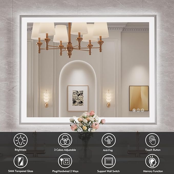 40x32 Silver LED Bathroom Mirror, Rectangle Brushed Nickel Lighted Mirror for Wall, Stepless Dimmable Led Vanity Mirror with Front-lit and Backlit, Tempered Glass, Anti-Fog, Memory
