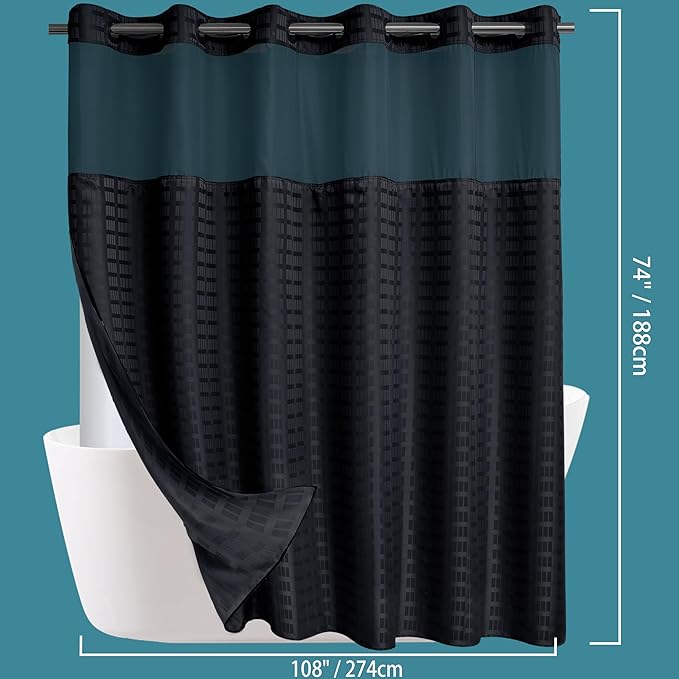 Conbo Mio Extra Wide No Hook Shower Curtain with Snap in Liner Set, 108" x 74" Hotel Luxury Black Shower Curtains for Bathroom with See Through Top Window, Waterproof, Washable 108W x 74H