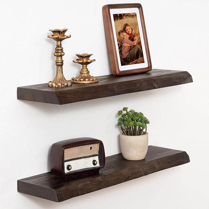 Marsmiles 24 inch Floating Shelves for Wall Elm Wood Live Edge Shelves|Rustic Wall Shelves with Invisible Heavy-Duty Bracket for Bathroom Living Room Kitchen|Walnut, 2 Pack