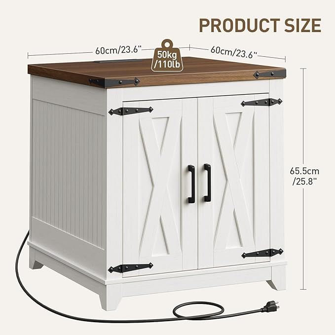 Farmhouse Side Table, Large End Table with Charging Station, Sofa Side Table with Adjustable Shelf and Barn Door, Wooden Nightstand for Living Room, Bedroom, Office, White and Walnut