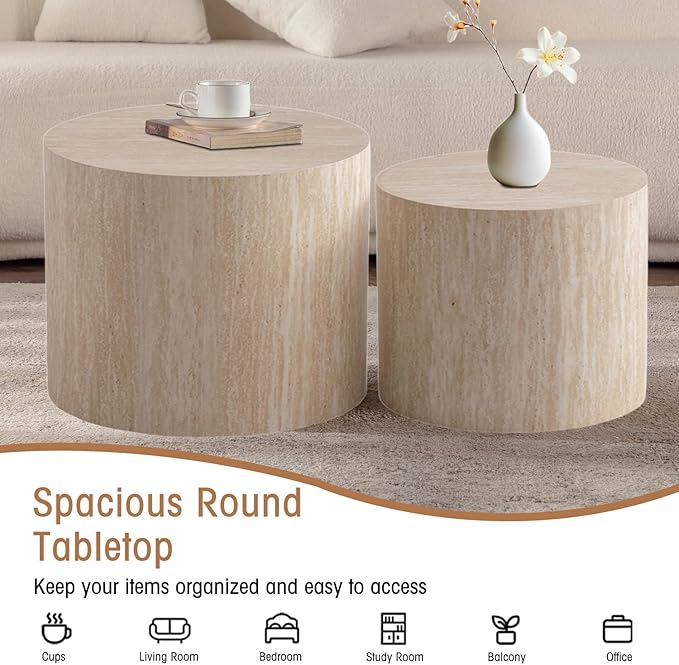 Round Nesting Coffee Table Set of 2 Travertine Round Drum Fluted Coffee Tables for Small Space Modern Stacking Nesting Tables Minimalist Circle Center Table 2 Piece for Living Room (Travertine)