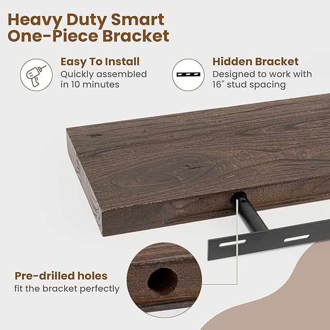 Floating Shelves for Wall Decor, 8 Inch Deep Rustic Solid Elm Wood Floating Shelves Wall Mounted, Wall Shelves with Invisible Bracket for Living Room Bathroom Bedroom Kitchen, 40 Inch Set of 1, Walnut