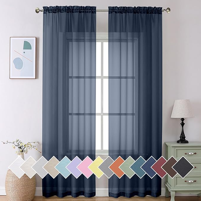 Aiyufeng Long Navy Blue Sheer Curtains 96 inches Long for Living Room, Privacy Sheer Curtains Window Treatment Translucent Sheer Drapes for Farmhouse/Cottage, 40" Wide (2 Panels)