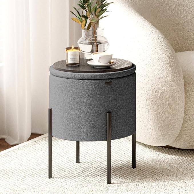 STORAGEBUD Round Ottoman with Storage, Boucle Storage Foot Stool, Makeup Vanity Stool, Small Ottoman Foot Rest, Modern Ottomans for Living Room and Bedroom, Grey