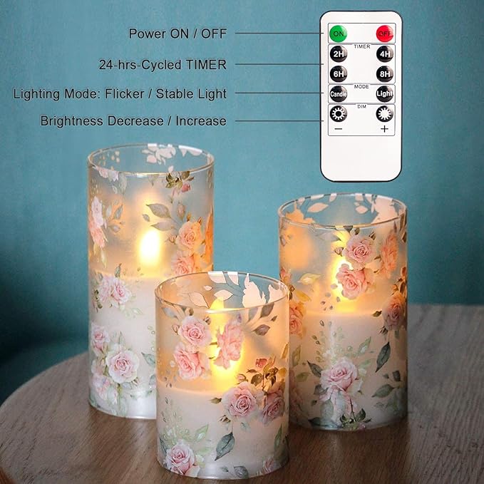 Rose Flameless Candles Love Theme Battery Operated Glass Flickering LED Candle with Remote Pink Flower Decal Realistic Pillar Candles Bedroom Home Decor Table Ornament