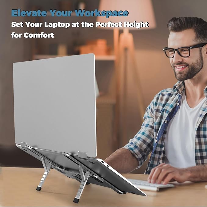 ZenRich Foldable Laptop Stand – Ergonomic Aluminum Riser with 6 Adjustable Heights, Compatible with MacBook, Dell, Asus, HP, Lenovo, Samsung, Razer, MSI (Up to 15.6''), Silver/Black