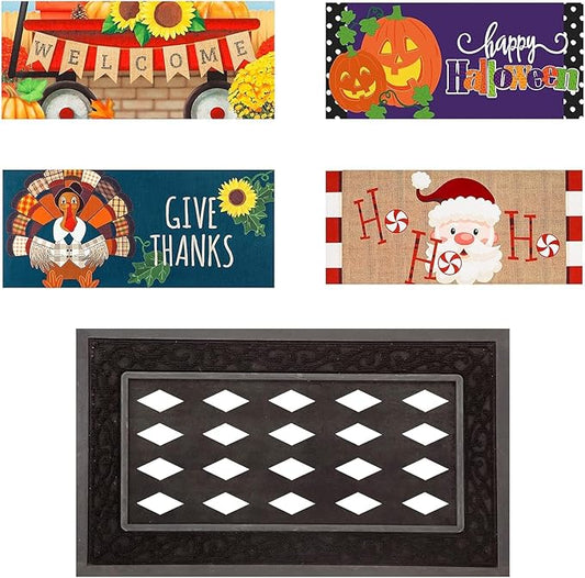Evergreen Sassafras Fall Christmas Holiday Doormat Insert Bundle & Tray Set of 5, Interchangeable Entrance Door mats Indoor and Outdoor Welcome Mat 30 x 18 Tray Non Slip Backing Low Profile