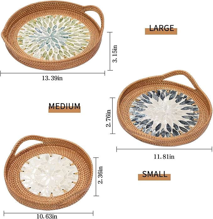 Handwoven Serving Tray with Handles, Set of 3 Round Ottoman Tray with Shell Inlay, Decorative Ratten Trays for Coffee Table, Farmhouse, Kitchen Counter, Housewarming Gift (13.4", 11.8", 10.6")