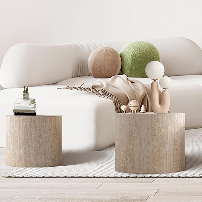 Round Drum Coffee Table Travertine Nesting Coffee Table Set of 2 for Living Room Modern Luxury Wood Side Tables Stacking Accent End Table for Apartment,Travertine