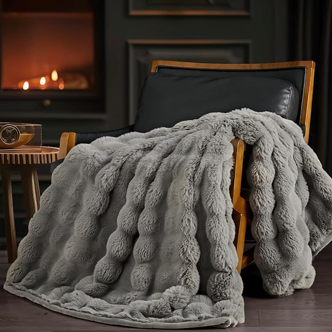 EverGrace Ultra Soft Luxury Fluffy Faux Rabbit Fur Throw Blanket, Thick Warm Bubble Throw for Bed, Cozy Plush Reversible Blankets for Couch, Chair, Sofa, Grey, 50x60 Inches