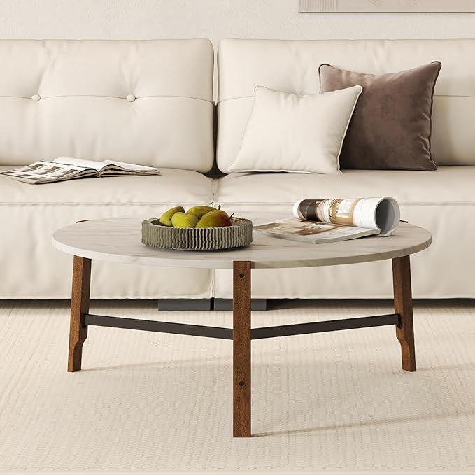 HEAH-YO Round Coffee Table, 36” Wooden Coffee Tables for Living Room, Modern Corner Table for Small Spaces, White