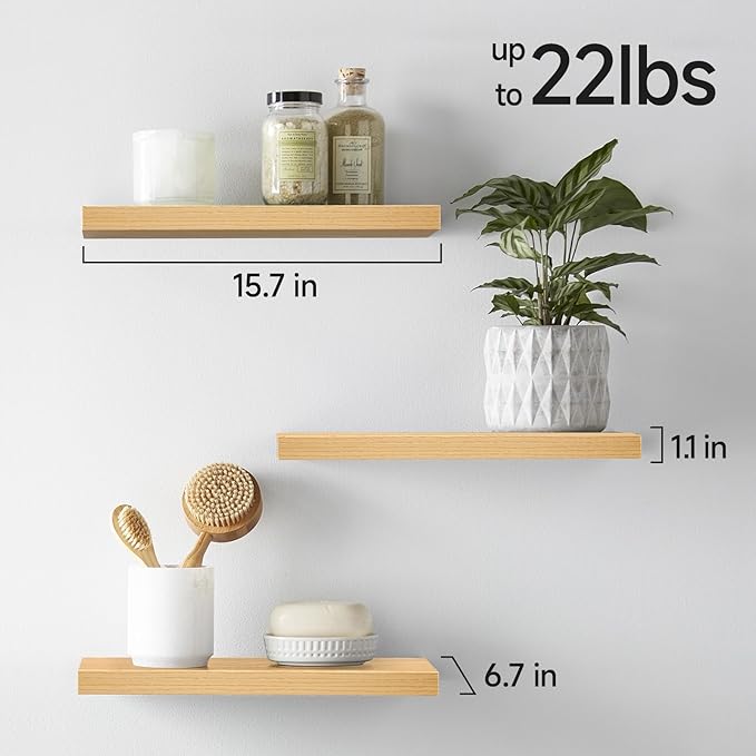 BAYKA Floating Shelves for Wall, Wall Mounted Rustic Wood Shelves for Bathroom, Bedroom, Living Room, Kitchen,Small Hanging Shelf for Books/Storage/Room Decor (Light Oak-Toned, Set of 3, 15.7in)