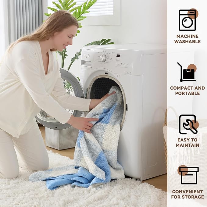 LURKA Checkered Sherpa Fleece Twin-Size Bed Blanket - Extra Thick and Warm Winter Soft Fuzzy Plush Blanket for Couches, Beds & Pets, Glacier, 60x80 Inches