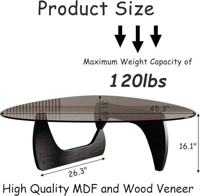 Honyee Morden Coffee Table, 42.5" x 28.5" x 16.1" Triangle Tempered Glass Top for Living Room, Color: Black