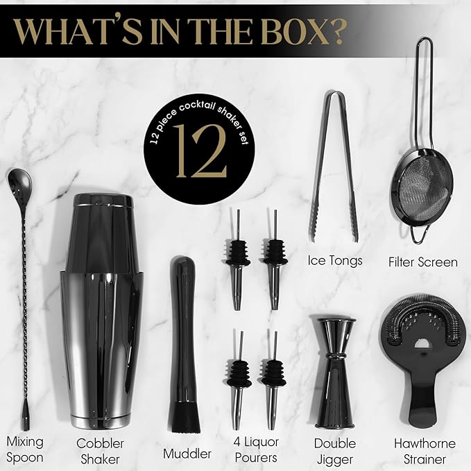 YXT & BEYOND Black Cocktail Shaker Set - 12-Piece Stainless Steel 30oz+20oz Bartender Kit Bar Tools Set: Boston Shaker, Jigger, Mixer Spoon, Muddler, Martini Barware Mixing Tools | Housewarming Gift