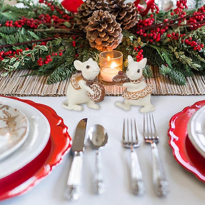 Braxio Gingerbread Decor Christmas Decorations Indoor - Set of 2 Resin Christmas Mouse with Cake and Cookie Christmas Decorations Indoor Home Decor, Off White