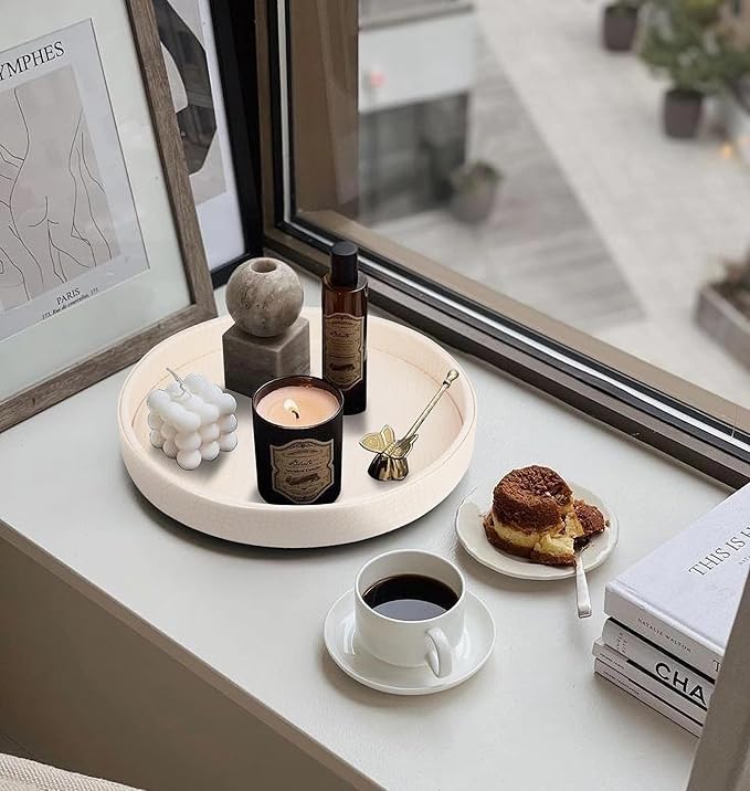 HofferRuffer Faux Leather Round Serving Tray, Vegan Croco Leather Decorative Tray, Food Tray for Storage Drinks, Snack & Cosmetics, Dia.12'' x 1.6'' (CreamWhite/Tiny Yellow)