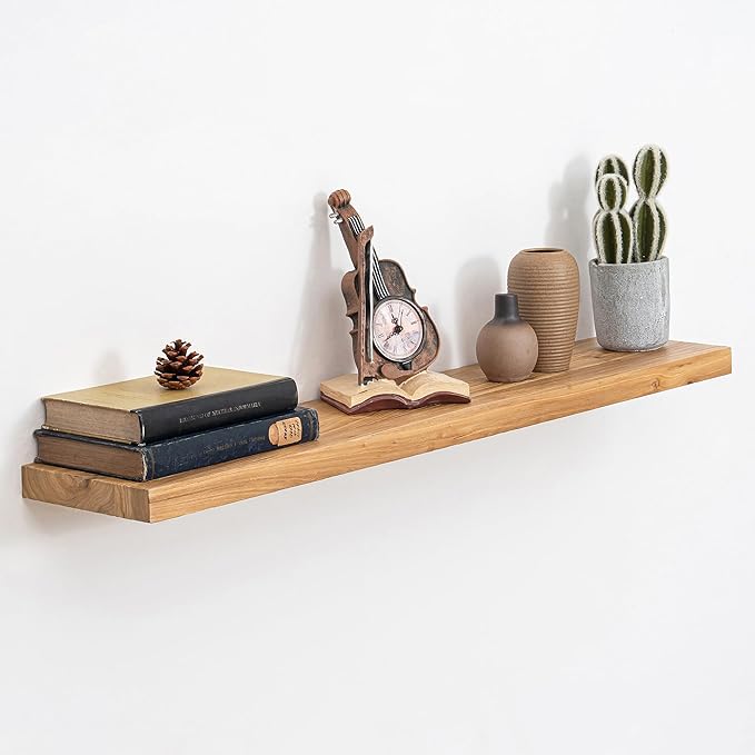 Floating Shelves, 8" Deep Rustic Solid Elm Wood Wall Mounted Floating Shelves, Wall Shelves with Invisible Bracket for Living Room Bathroom Bedroom Kitchen, 40 Inch, Natural