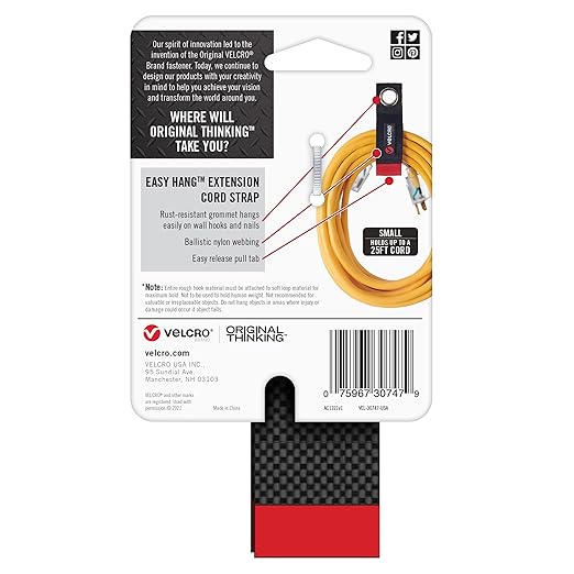 VELCRO Brand Extension Cord Organizer Holder. Heavy Duty Straps for Garage Organization and Storage. Rust Resistant Grommet Hangs Easily on Wall 2pk,Small 10-inch,60bs Weight Rating,Black