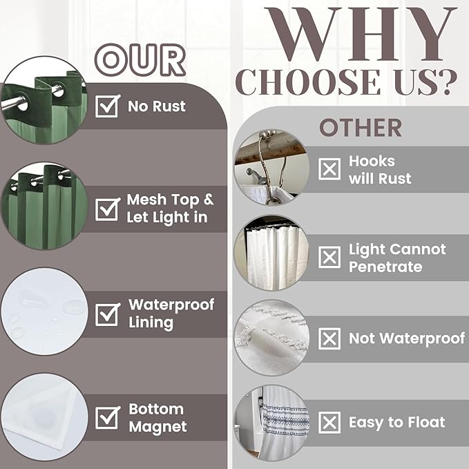 No Hook Slub Textured Shower Curtain with Snap in Liner - Dark Green Fabric Outer Curtain & Waterproof Inner Liner, Hotel Style with See Through Top Window, 71x74 in