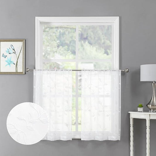 Tollpiz White Leaf Sheer Tier Curtains Leaves Embroidered Kitchen Short Curtain Rod Pocket Voile Bathroom Curtains for Cafe, 30 x 24 inches Long, Set of 2 Panels
