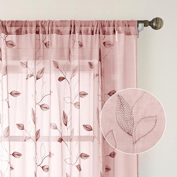 HOMEIDEAS Blush Pink Floral Sheer Curtains 84 Inches Long 2 Panels Embroidered Pattern Semi Sheer Window Curtains for Bedroom Living Room