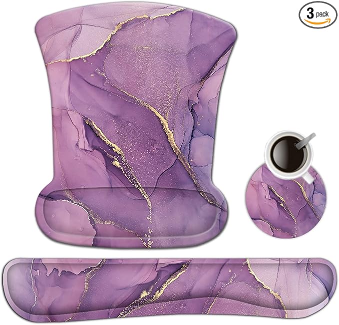 AIMSA Ergonomic Keyboard Wrist Rest and Mouse Pad with Wrist Support Set, Memory Foam Non-Slip Rubber Base, for Home, Office, Easy Typing, Pain Relief, Purple Marble