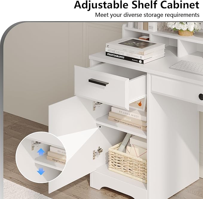 Executive Desk with Hutch, 58 Inch White Computer Desk with 5 Drawers, Home Office Desk with Storage, Rustic Desk with Adjustable Shelves and Storage Cabinet for Bedroom